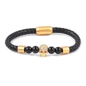 GENUINE LEATHER SKULL MEN’S BRACELET BLACK & GOLD SIZE 8.5”